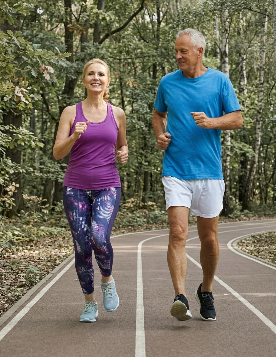 Active couple running together outdoors